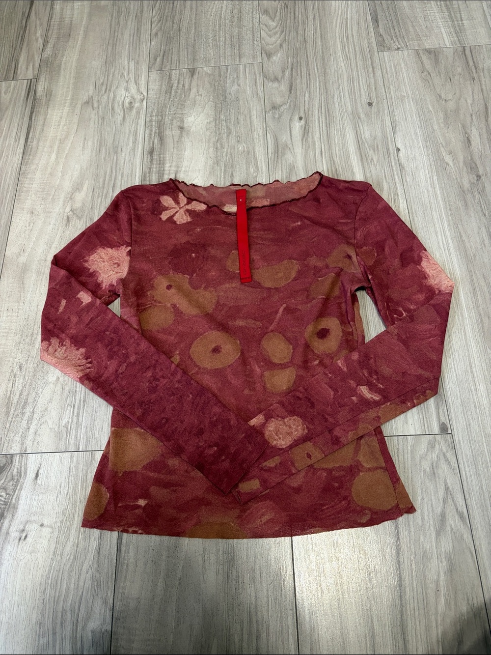 Women's Long Sleeve Crewneck Top in Burgundy Tie-Dye